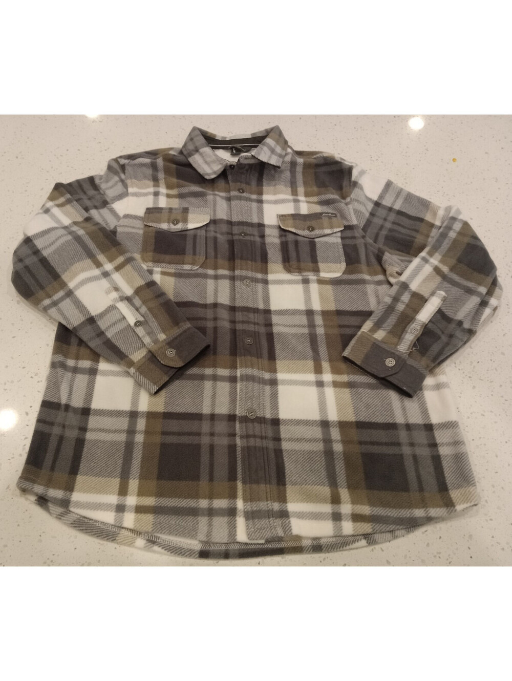 Eddie Bauer Flannel Shirt Jacket Mens Large Gray Olive Green Plaid Fleece Lined